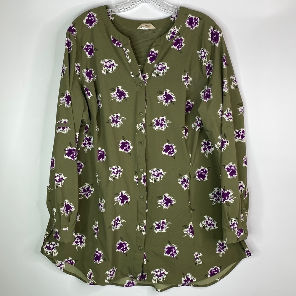 Duluth Trading DuluthFlex Sidewinder Green Purple Floral Tunic Button Up Shirt